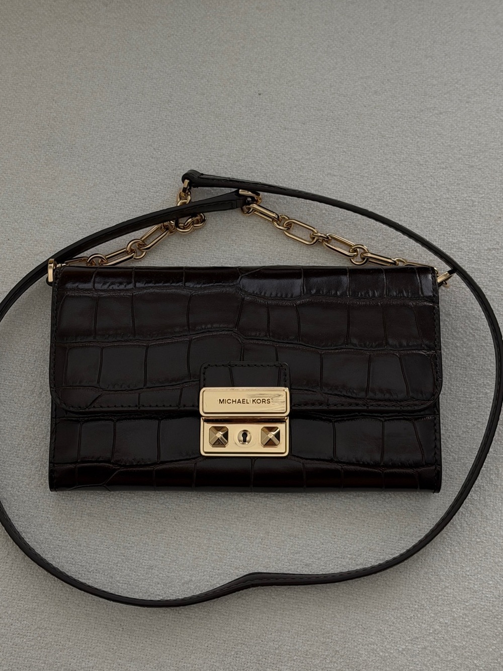 Michael Kors Black Croc-Embossed Leather Crossbody with Gold Hardware